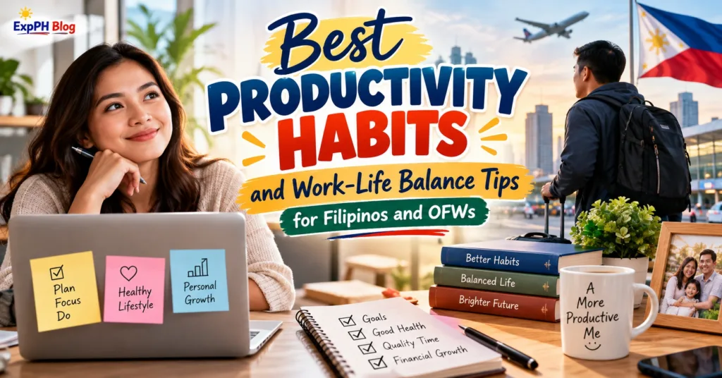 Filipina professional working at a laptop beside productivity notes, with an OFW traveler, Philippine flag and family-themed elements illustrating productivity habits and work-life balance.