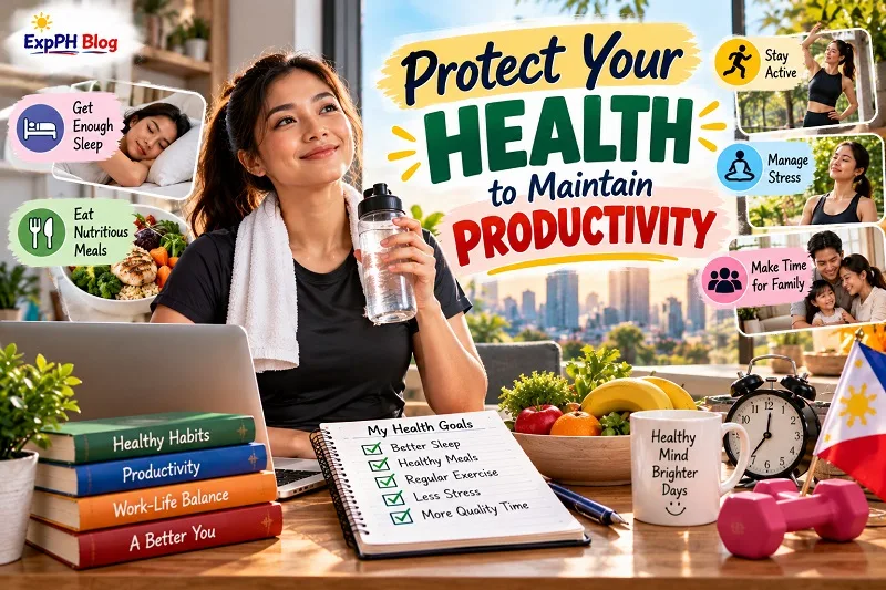 Filipina woman holding a water bottle beside her laptop, with healthy meal choices, exercise equipment, a sleep reminder and a checklist promoting health and productivity.