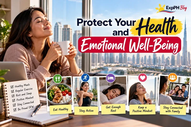 Protect Your Health and Emotional Well-Being, featuring a Filipina practicing self-care through healthy meals, regular exercise, restful sleep, a positive mindset, and family connections.