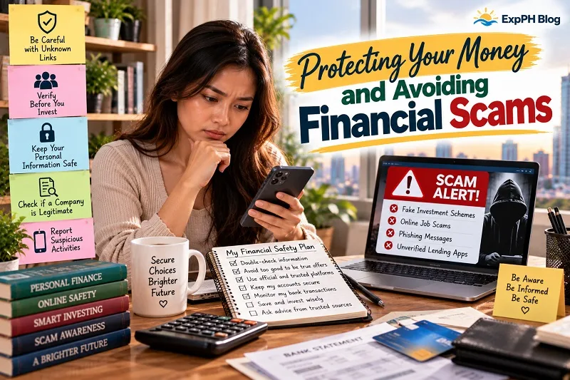 Protecting Your Money and Avoiding Financial Scams, featuring a Filipina checking a suspicious message and reviewing online safety tips to protect her finances.