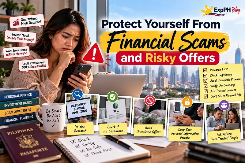 Protect Yourself From Financial Scams and Risky Offers, featuring a Filipina reviewing suspicious investment messages and learning to verify companies, protect personal information, and avoid unrealistic promises.