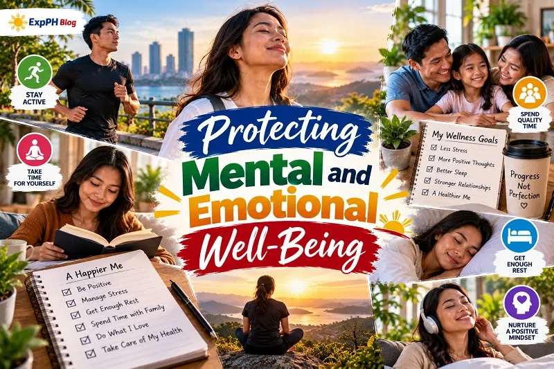 Filipino woman practicing mindfulness surrounded by scenes of exercise, reading, family time, meditation, and restful sleep.