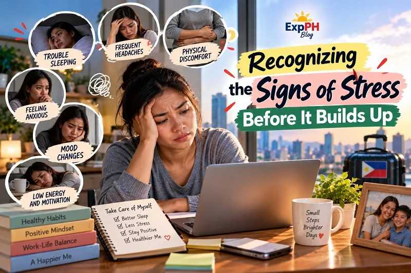 Stressed Filipina woman working at a laptop with visual reminders of trouble sleeping, headaches, anxiety, mood changes, physical discomfort, and low energy.
