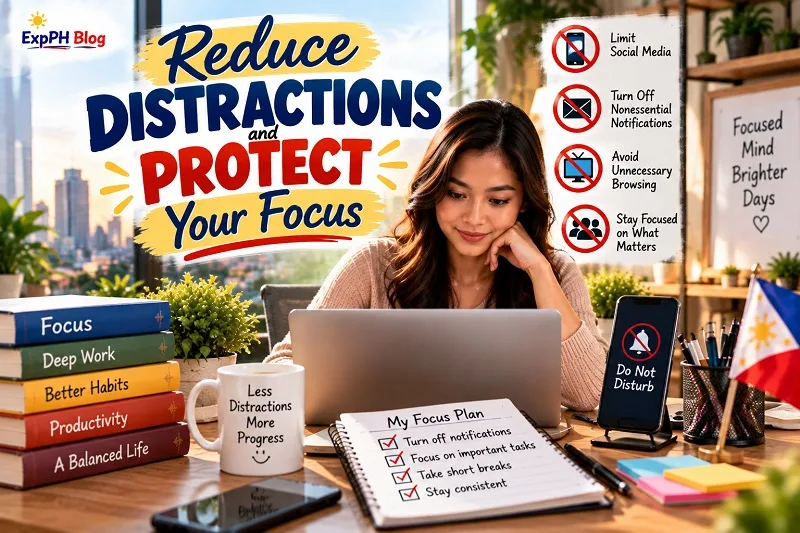 Filipina professional concentrating on her laptop in a home office with a focus checklist, a phone set to Do Not Disturb, productivity books and reminders to limit social media and notifications.
