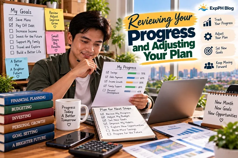 Reviewing Your Progress and Adjusting Your Plan, featuring a Filipino man checking savings, debt payments, income growth, and personal financial goals.