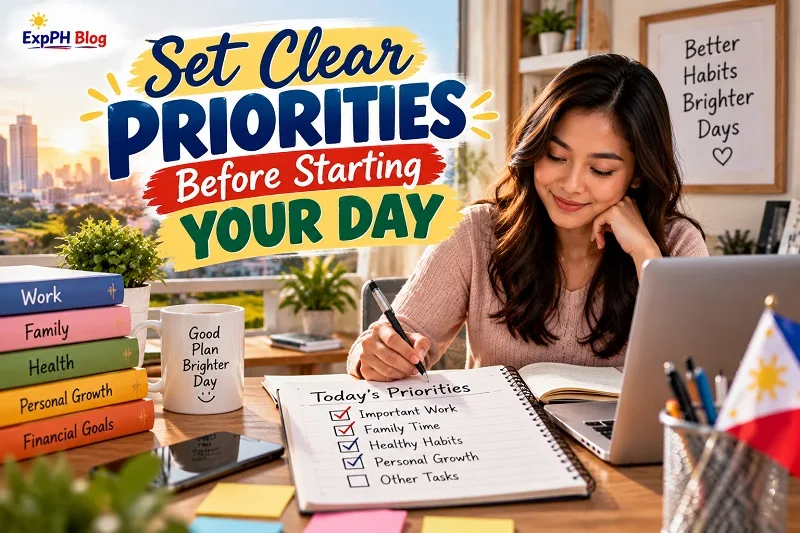 Filipina professional writing her daily priorities in a notebook at a home office, with a laptop, colorful books, a checklist and a Philippine flag.