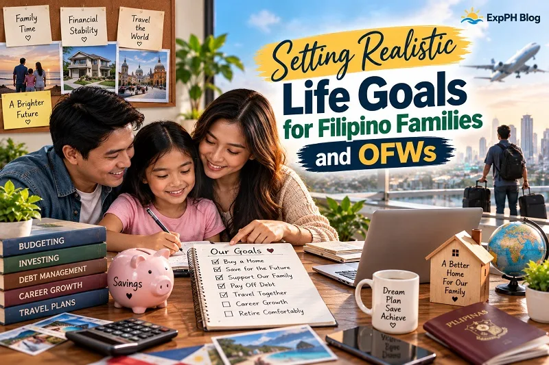 Setting Realistic Life Goals for Filipino Families and OFWs, showing a Filipino family planning savings, budgeting, debt repayment, career growth, and a brighter future together.