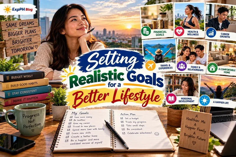 Filipino woman planning realistic lifestyle goals in a notebook, with themes of financial security, health, career growth, family, and personal development.