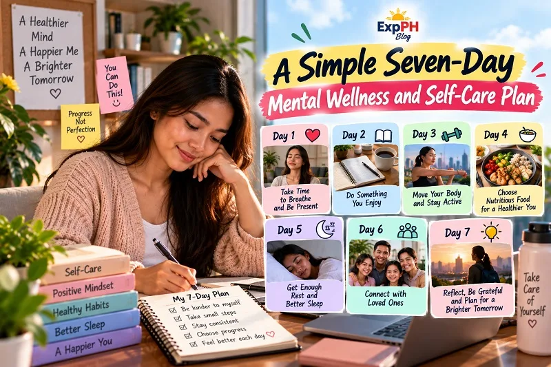Filipina woman writing a self-care plan at her desk, with a seven-day mental wellness guide featuring breathing exercises, enjoyable activities, physical movement, nutritious meals, restful sleep, family connections, and reflection.