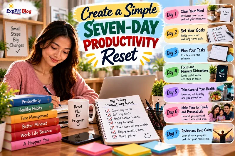 Filipina woman planning a seven-day productivity reset at her desk, with a laptop, notebook and colorful checklist showing daily steps for goal setting, task planning, focus, health, family time and progress review.