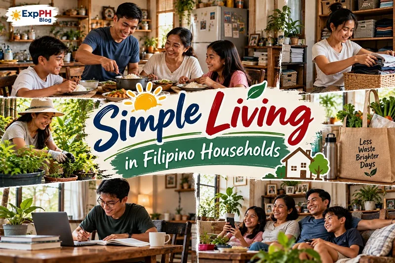 Simple Living in Filipino Households featuring family meals, home organization, gardening, reusable shopping bags, studying, and quality family time for ExpPH Blog.