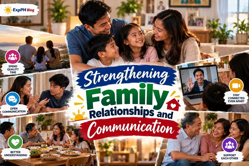 Filipino family spending quality time together, sharing meals, communicating openly, and staying connected through video calls.