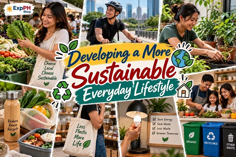 Developing a More Sustainable Everyday Lifestyle featuring Filipinos shopping at local markets, cycling, gardening, using reusable bags, saving energy, and sorting household waste for ExpPH Blog