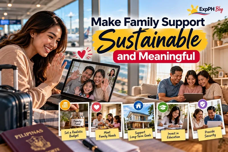 Make Family Support Sustainable and Meaningful, featuring a Filipina OFW video-calling her family and planning a budget, education, savings, and long-term financial goals.