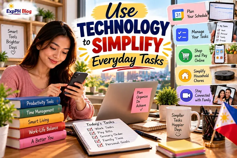 Filipina woman using a smartphone at her home workspace with a laptop, planner and productivity checklist, illustrating how technology can simplify scheduling, task management, online payments and family communication.