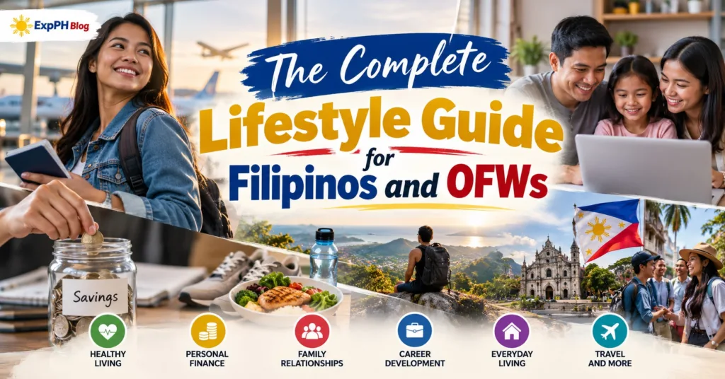 The Complete Lifestyle Guide for Filipinos and OFWs featuring an overseas Filipino worker, family life, personal finance, healthy living, career development, and travel.