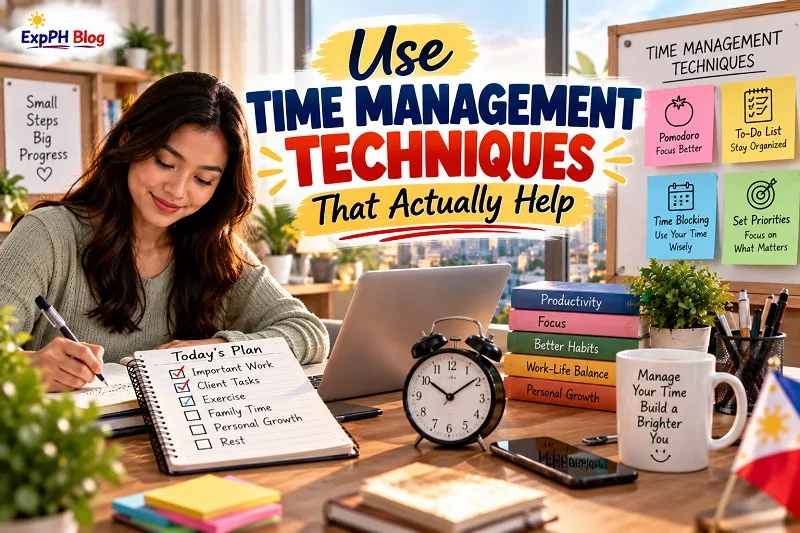 Filipina professional planning her day at a desk with a laptop, notebook, clock and time management checklist showing Pomodoro, to-do lists, time blocking and setting priorities.
