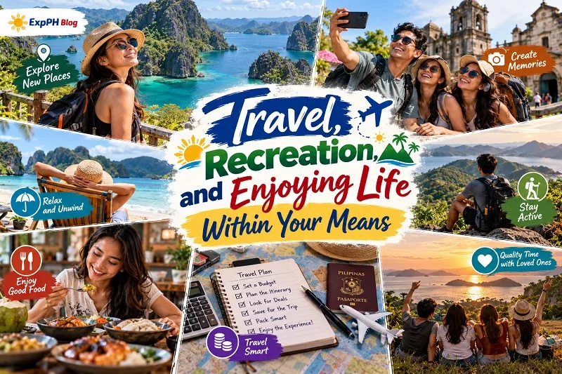 Filipino travelers exploring tropical destinations, enjoying local food, taking photos, and planning an affordable trip.
