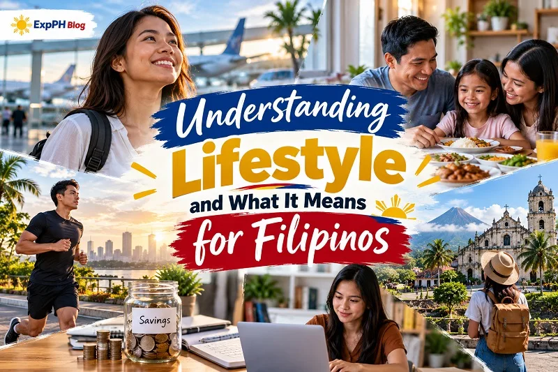 Filipino lifestyle collage featuring family life, travel, healthy living, personal finance, career development, and Filipino culture.