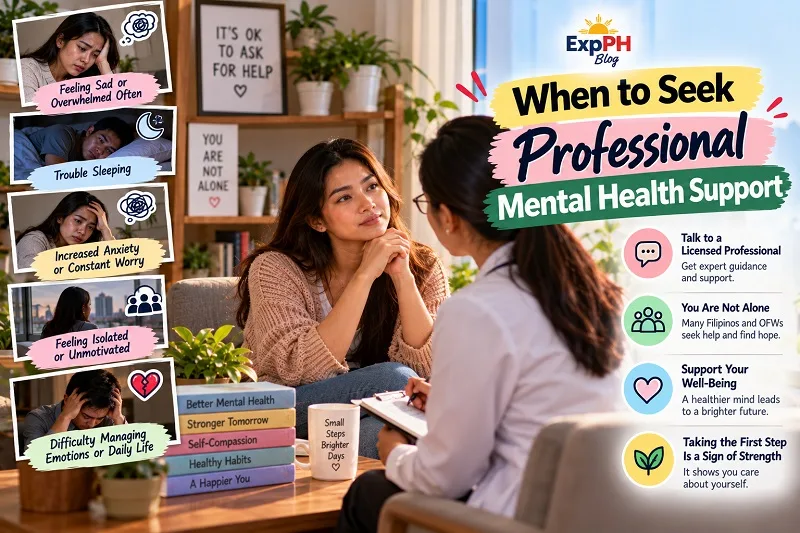 Filipina woman speaking with a mental health professional in a counseling session, with visual reminders of persistent sadness, sleep difficulties, anxiety, isolation, and emotional struggles.